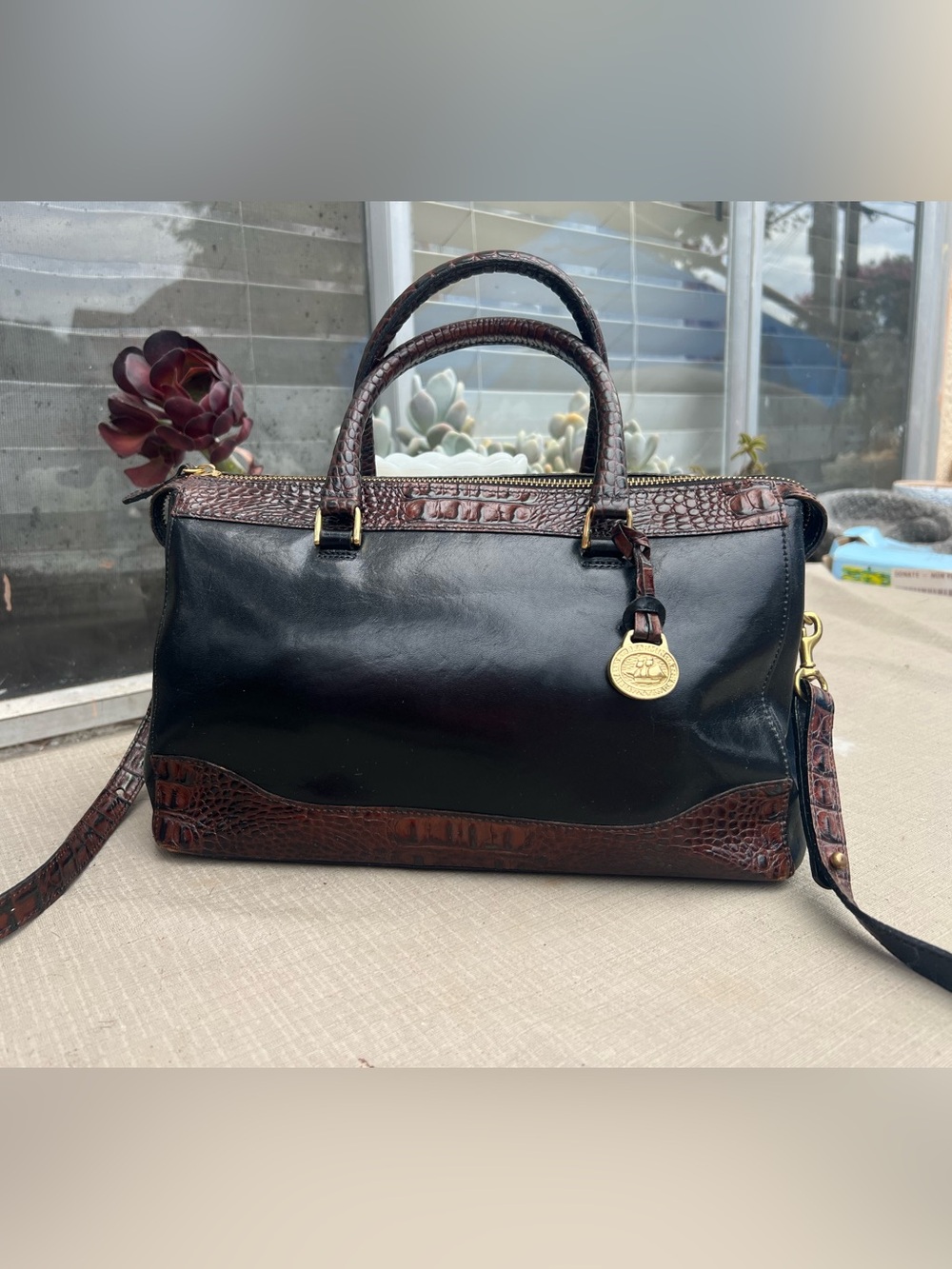 Brahmin Black Leather Satchel with Brown Croc-Embossed Trim
